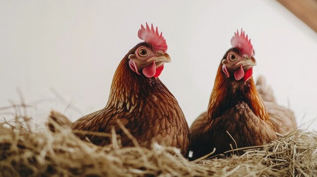 Two brown hens relaxing in a nest against a white background