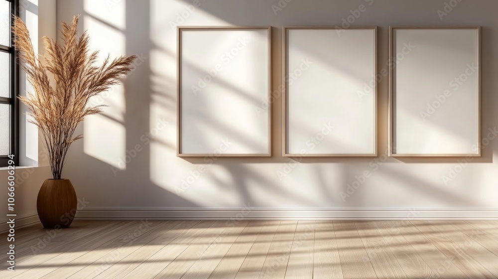 Aufkleber three empty white poster frames displayed on a clean wall in a studio room ideal for use as a pictur
