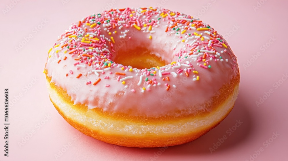 Poster strawberry donut topped with icing and colorful sprinkles on a soft pink background vertical flat la