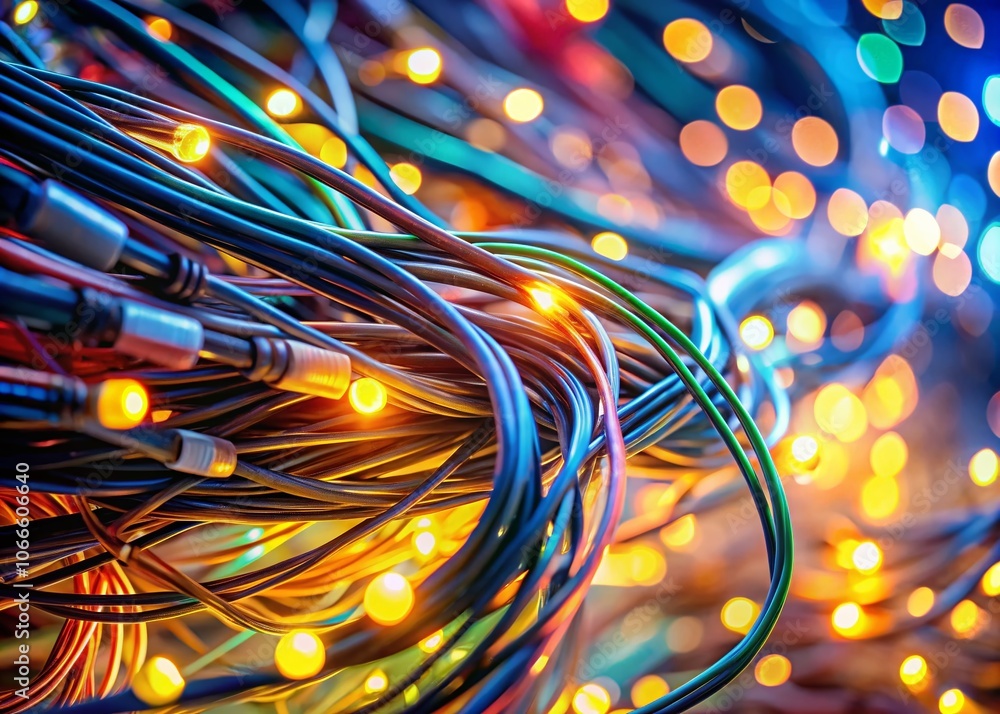 Poster closeup of complex network wires and cables with bokeh effect for technological backgrounds, abstrac