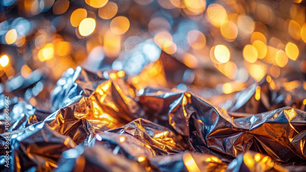 Poster closeup of crumpled metallic foil with bokeh effect - shimmering textures and reflective surfaces fo