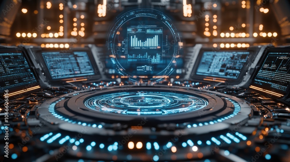 Aufkleber futuristic control room with glowing digital interfaces and a circular platform in the center.