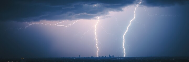 Two bolts of lightning strike near a city skyline during a summer thunderstorm