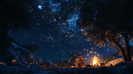A Cabin in the Woods with a Campfire under a Starry Sky