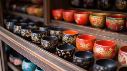 Traditional lacquerware on display for sale featuring handcrafted lacquer cups Download large files for optimal quality High quality image