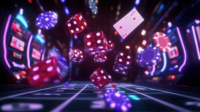 Dynamic 3D casino photo with poker chips, playing cards, and dice flying in mid-air against a dark