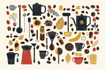 Stylized coffee beans and brewing tools in flat design a creative exploration of coffee culture and aesthetics