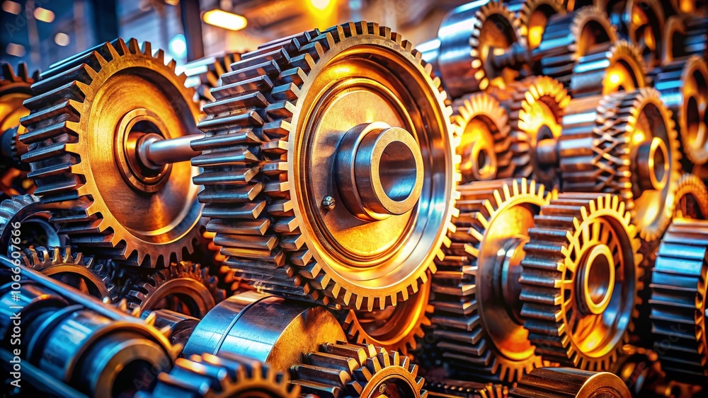 Poster closeup of metallic gears in a factory setting showcasing intricate details and precision engineerin