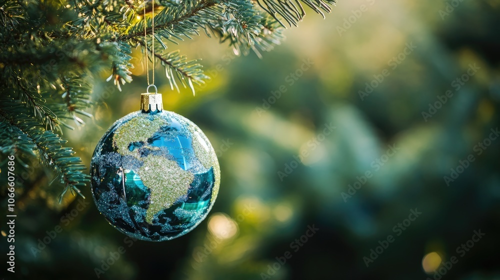 Poster technologically crafted christmas ornament in the shape of a globe suspended from a tree branch