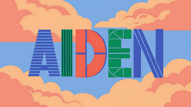 Bold and colorful illustration of name Aiden against bright sky background