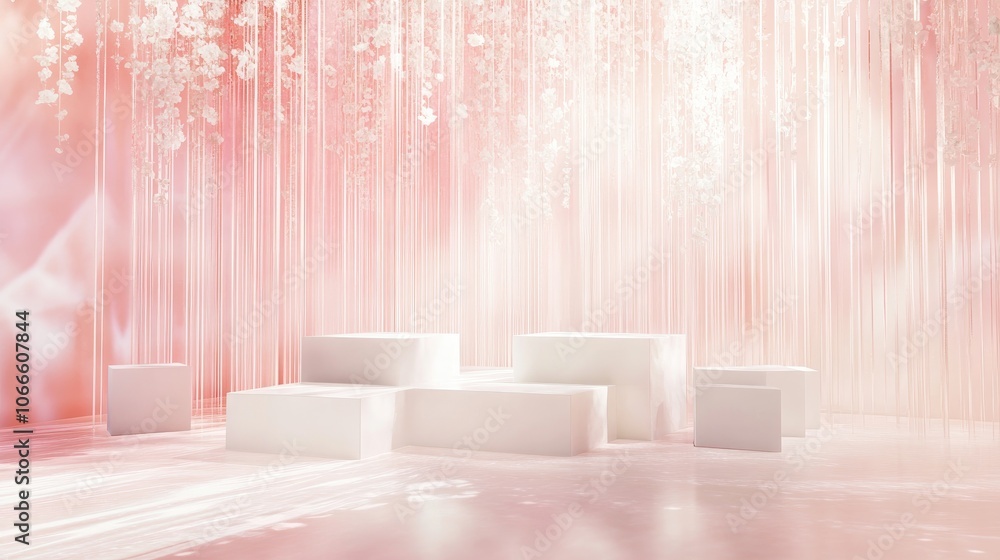Poster surreal abstraction featuring an empty stage with white square podiums set against a holographic pas