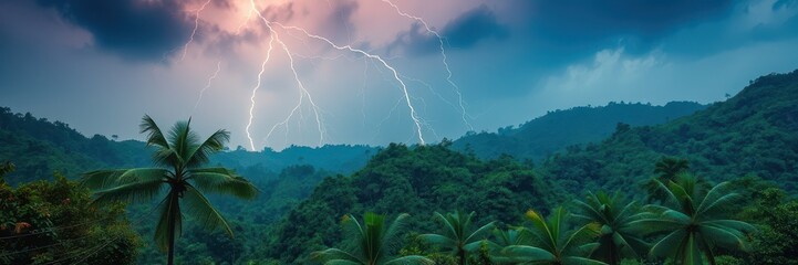 Lightning strikes over lush green mountains and palm trees in a tropical jungle