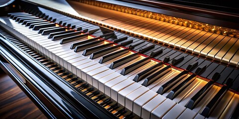 Close-Up of Piano Keys: Captivating Drone Photography of Musical Instrument, Detailed Texture, Elegant Design, Artistic Composition, Black and White Keys, Musical Harmony, Creative Visuals