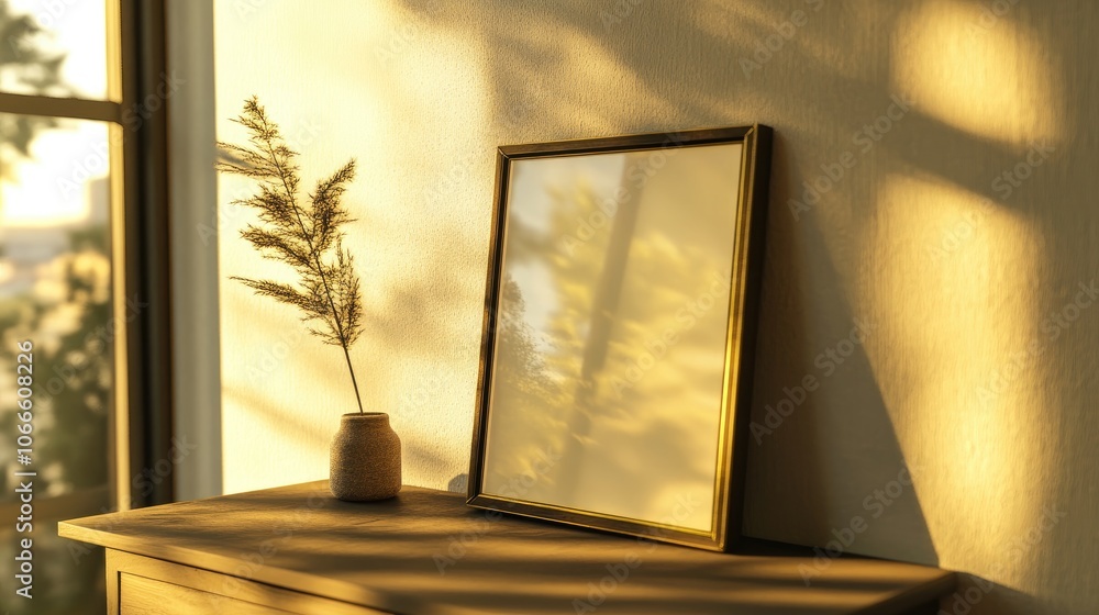Poster thin a4 frame mockup resting on a drawer by a bedroom wall showcasing window reflections captured fr