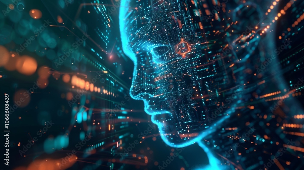 Poster artificial intelligence is forming a face emerging from glowing circuitry, representing the future o
