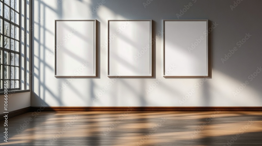 Aufkleber three empty white poster frames displayed on a clean wall in a studio room ideal for use as a pictur