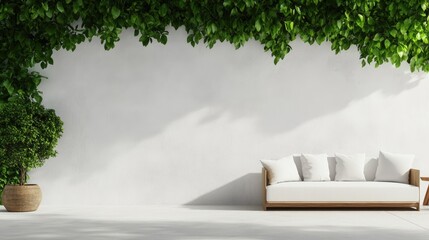 Stylish balcony sitting area featuring greenery and a white wall designed for contemporary living spaces High quality image