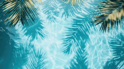 Tropical palm leaves casting shadows on a blue water surface in a pool Concept of summer relaxation recreation and travel with an appealing abstract background and ample space for text