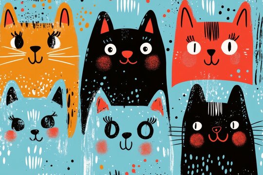 Cute and happy cartoon cat pattern with lots of cats of different colors, smiling faces, and laughing faces