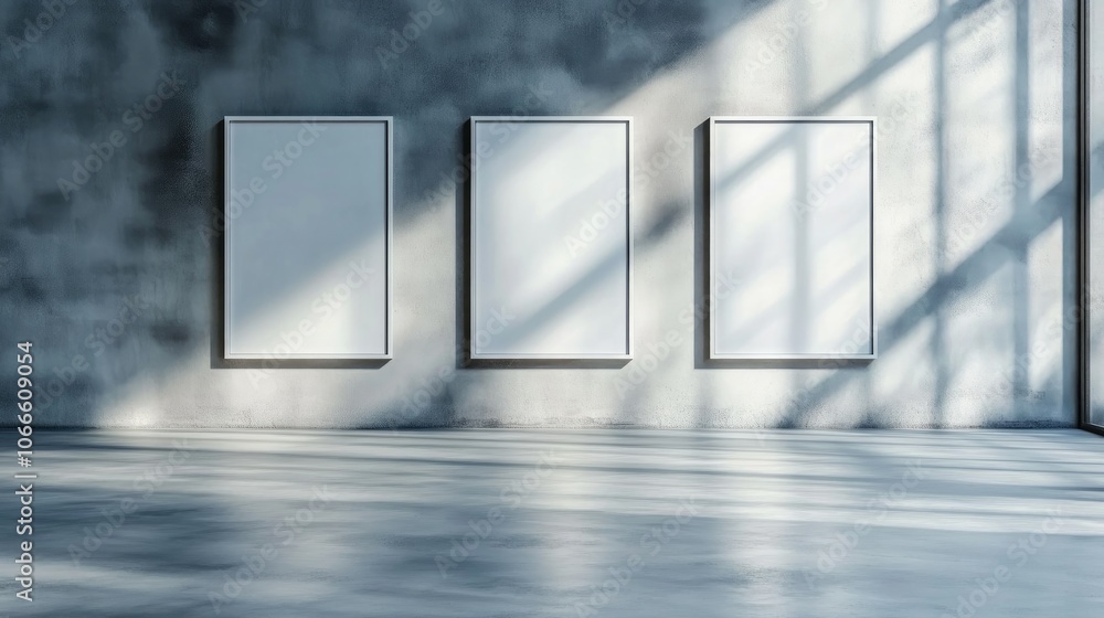 Poster three empty white poster frames displayed on a clean wall in a studio room ideal for use as a pictur