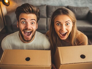 Excited young couple unpacking boxes in their new apartment embracing a fresh start together