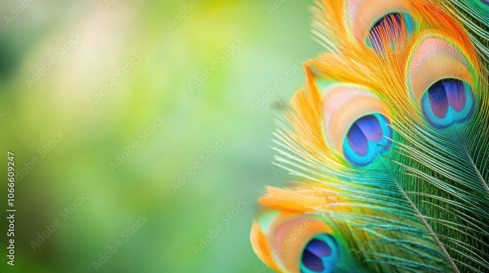 Poster vibrant multicolored peacock feathers set against a bright green backdrop close up of fluffy feather