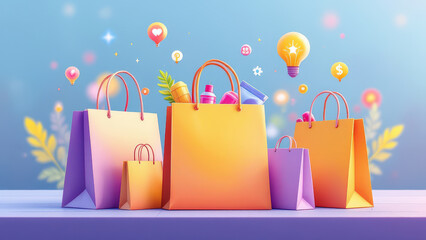 Colorful shopping bags with various items, symbolizing retail joy