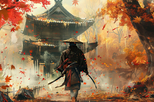 Japanese ninja warrior dressed in samurai clothes holding a sharp sword
