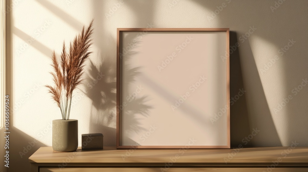 Poster thin a4 frame mockup resting on a drawer by a bedroom wall showcasing window reflections captured fr