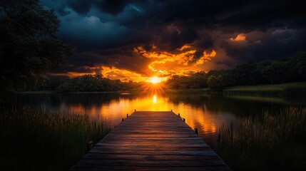 Obraz premium Tranquil Sunset Over a Rustic Wooden Dock by a Peaceful Lake