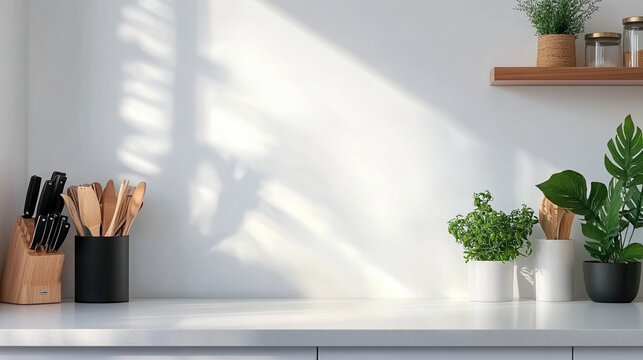 Cocina luminosa y moderna con utensilios de madera, soporte de cuchillos y plantas decorativas en la encimera blanca.