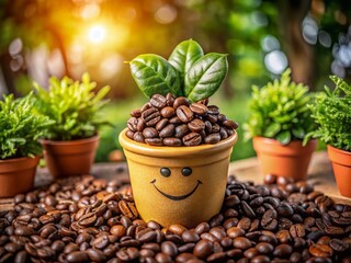 Fototapeta premium Coffee Beans and Gardening: A Cheerful Enthusiast with Potted Plants in Bokeh Effect, Capturing the Joy of Nature and Coffee Cultivation