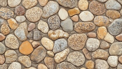 Close-up texture of a wall made from natural river rocks.
