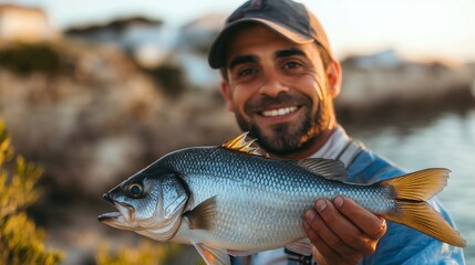 Obraz premium Happy angler proudly holds a freshly caught fish during a sunset on the tranquil lakeside, showcasing the joy of fishing