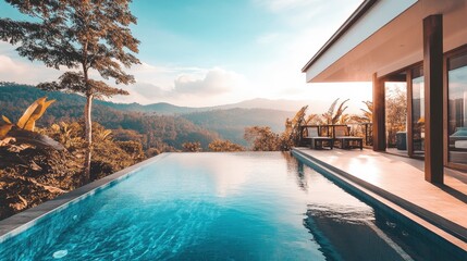 Fototapeta premium Bright, vibrant photo of a high-end villa with an expansive patio and clear blue pool