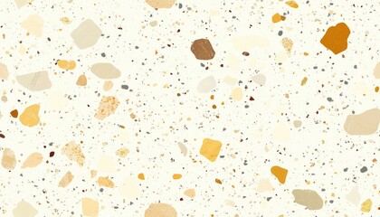 Abstract terrazzo pattern with beige, brown, and gray chips on a white background.