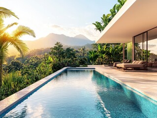 Fototapeta premium Bright, vibrant photo of a high-end villa with an expansive patio and clear blue pool