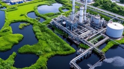 Fototapeta premium The contrast between thriving wetlands and industrial landscapes