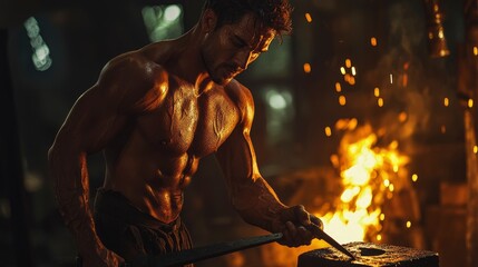 Blacksmith in a dimly lit forge, hammering hot metal on an anvil, fire glowing in the background