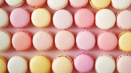 Obraz premium Vibrant macarons arranged in an overhead view creating an aesthetic and delightful backdrop with a pastel color scheme