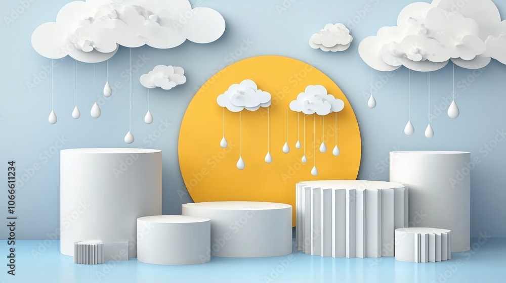 Aufkleber creative representation of clouds and sun with geometric shapes in a minimalistic design against a l