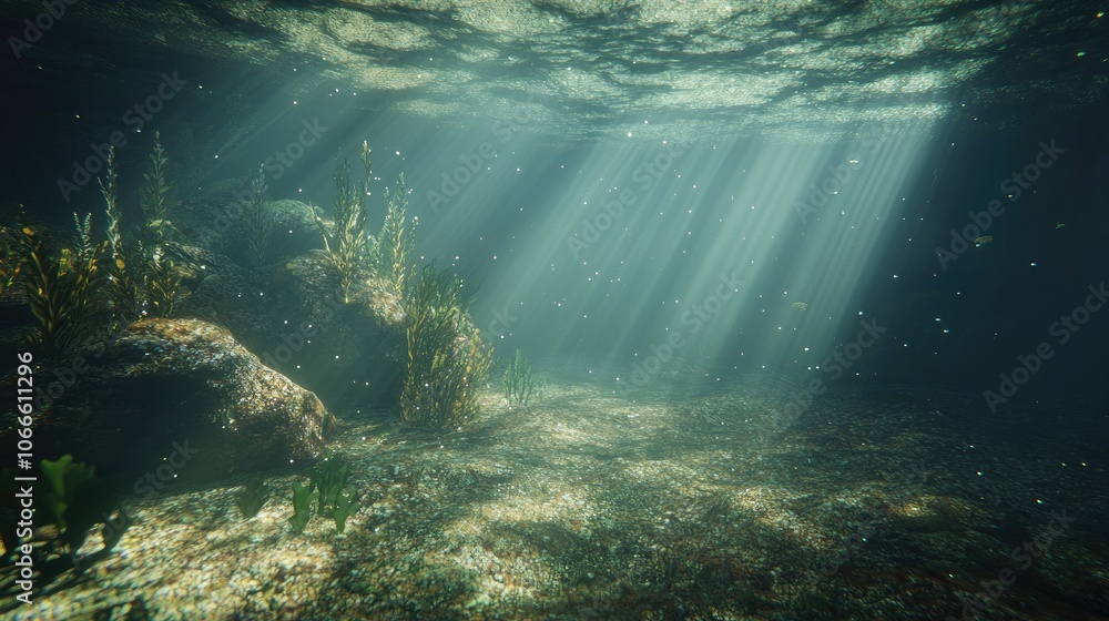 Poster sunlight filtering underwater through a water surface observed from a rocky seabed adorned with alga