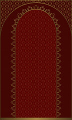 Muslim prayer rug, Islamic decor door examples. Ramadan feast greeting card.