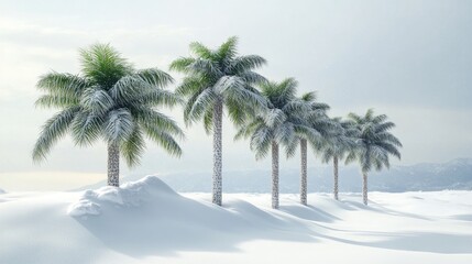 Tropical evergreen palm trees blanketed in white snow amidst a snowdrift during a blizzard highlighting unusual cold weather in typically warm regions Impacts of climate change are evident