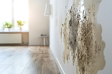 Severe wall mold damage in a modern home due to moisture and dampness. Black mold growth on white walls causing interior damage, health risks, and poor indoor air quality.

