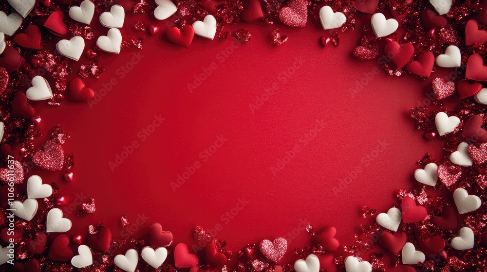 Poster valentine s themed red backdrop adorned with red and white hearts creating a frame for text aerial p