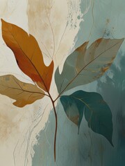 Modern Abstract Art Featuring Tranquil Leaves in Teal Turquoise and Golden Hues