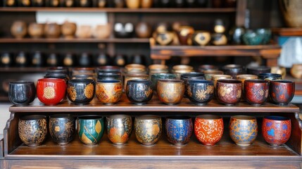 Traditional lacquerware on display for sale featuring handcrafted lacquer cups Download large files for optimal quality High quality image
