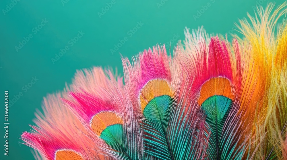 Poster vibrant multicolored peacock feathers set against a bright green backdrop close up of fluffy feather