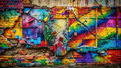 Fototapeta premium Colorful Grunge Mural on Textured Brick Wall with Splinting Materials for Immobilization